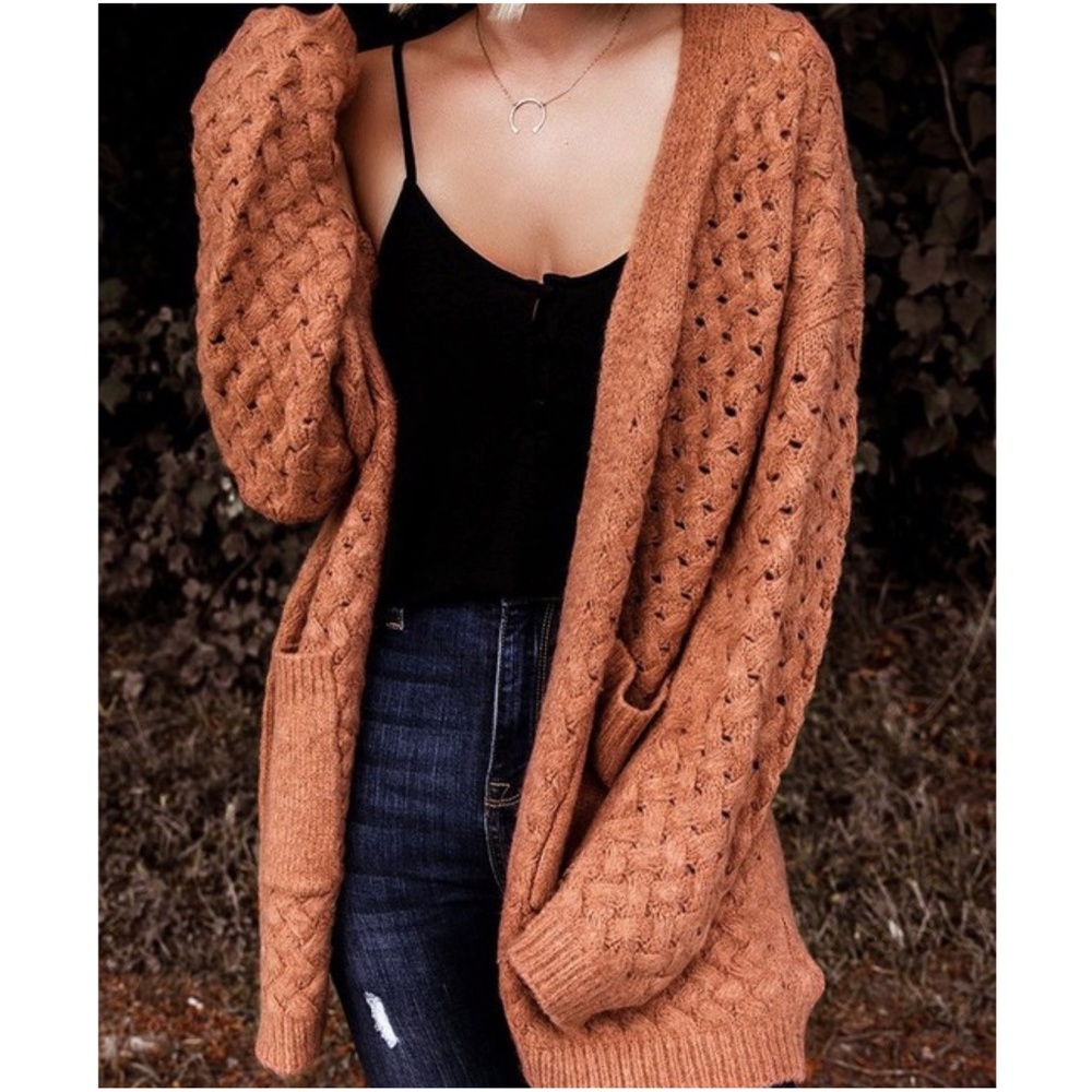 Cozy Rust Open Front Oversized Cardigan - Picture 2 of 4